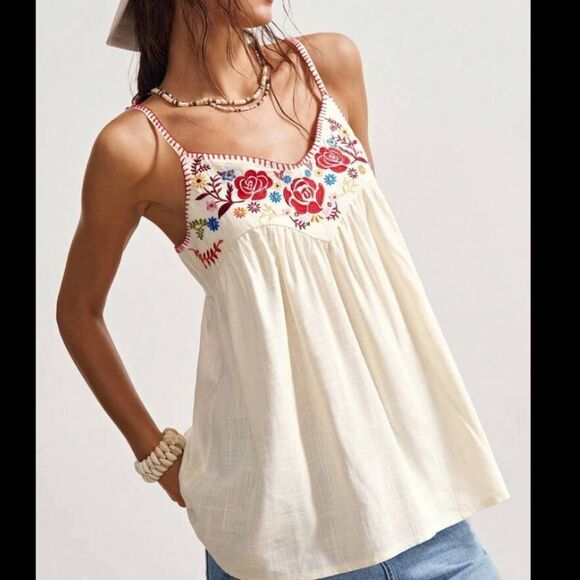 SHEIN Embroidered Boho Cream Linen-Blend Babydoll Top - Size M - Picture 1 of 16